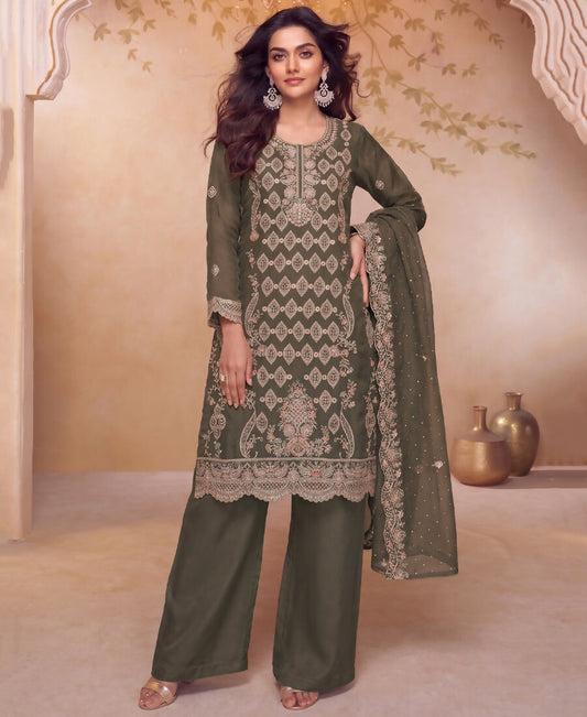 KC Heavy Embroidery Worked Two Ton Moss Silk Grey Suit For Women