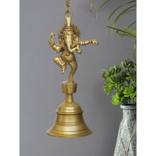 Grab2Buy Golden Brass Dancing Ganesha Idol Wall Hanging Bell With Chain