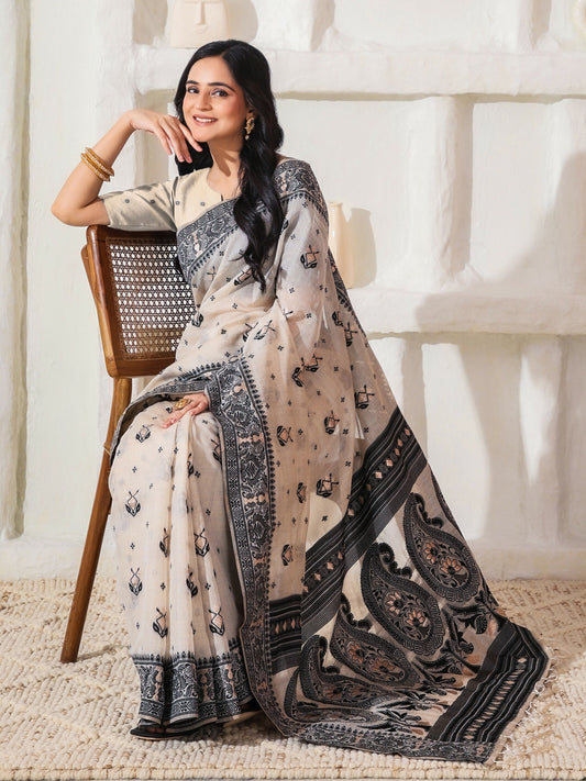 Shree Shyam Fashion Linen Cotton Black & Cream Saree