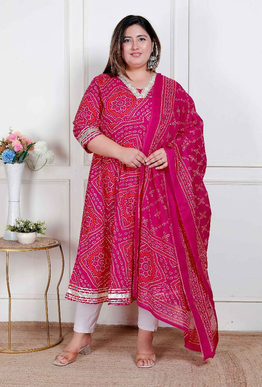 Miravan Plus Size Women'S Bandhani Ethnic Anarkali Kurta And Dupatta