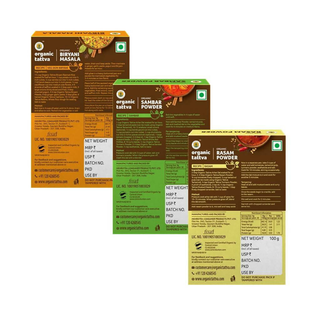 Organic Tattva South-Indian Masala Combo (100 Gm Each)- Sambar Powder, Rasam and Biryani Masala - Grab2buy