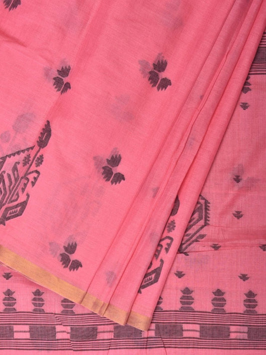 Baby Pink Khadi Cotton Handloom Grab2Buy with Buta and One Side Border Design - Global Threads