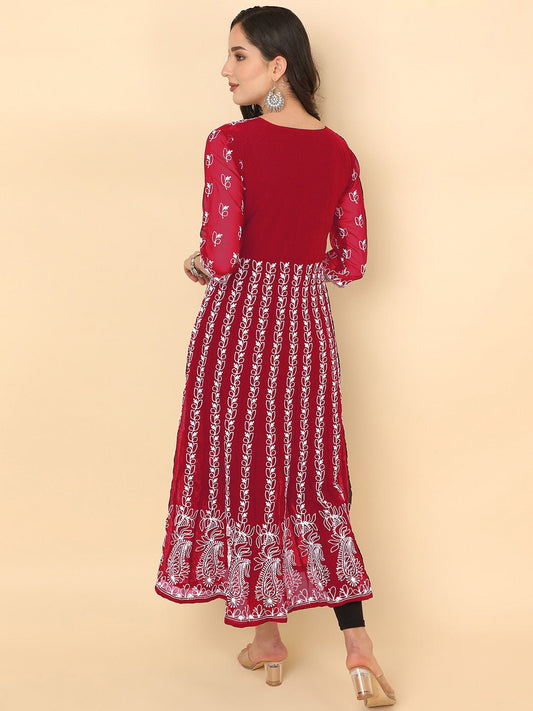 HERE&NOW Chikankari Embroidered Thread Work Georgette Anarkali Kurta