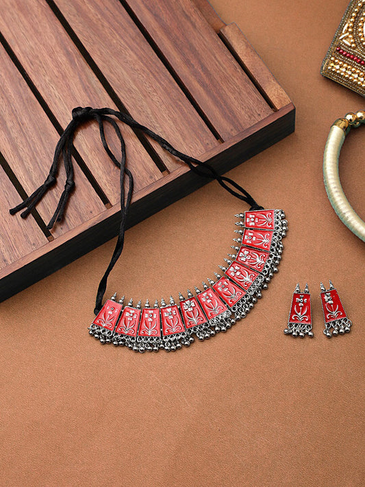 Cardinal Women Red Chocker Necklace & Earrings Jewellery Set - Grab2buy