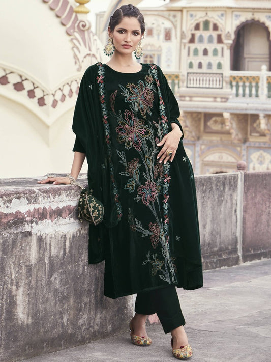 Aastha Fashion Women's Green Velvet Resham Thread with Jari & Sequin Kurta with Trouser & Dupatta - Grab2buy