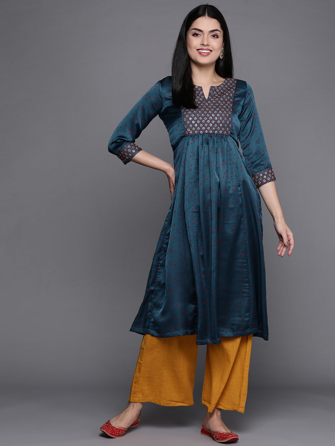 Biba Women Teal Geometric Embellished Kurta - Grab2buy