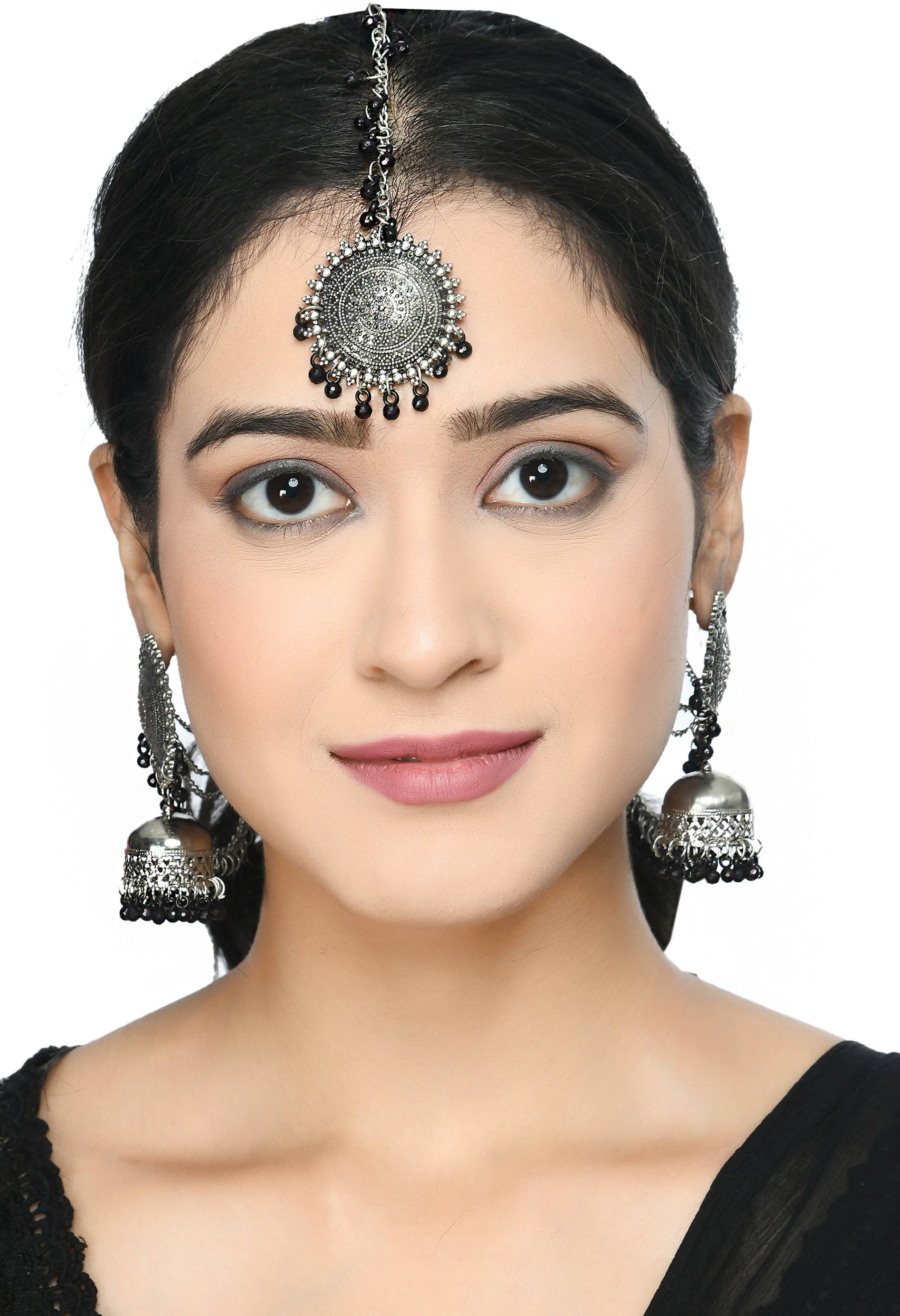 Mominos Fashion Johar Kamal Bahubali Black Beads Earrings With Tikka - Grab2buy