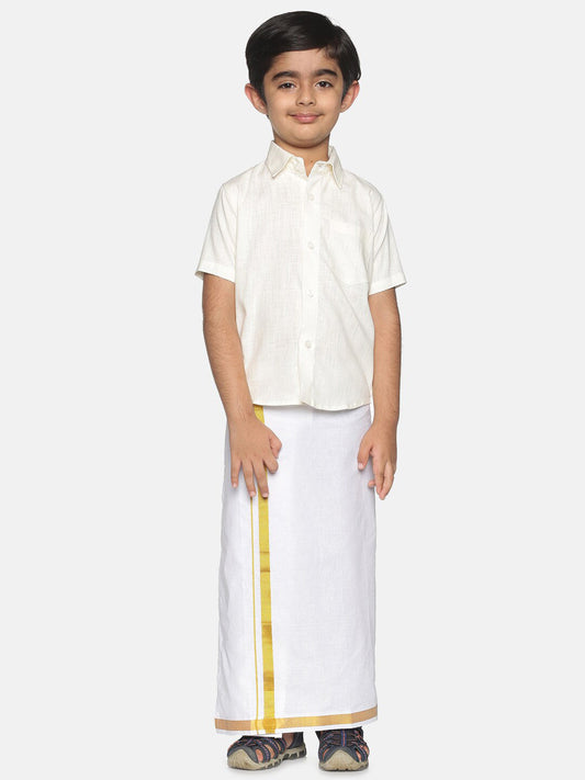 Sethukrishna Boys Cream-Coloured & Gold-Toned Pure Cotton Shirt with Dhoti