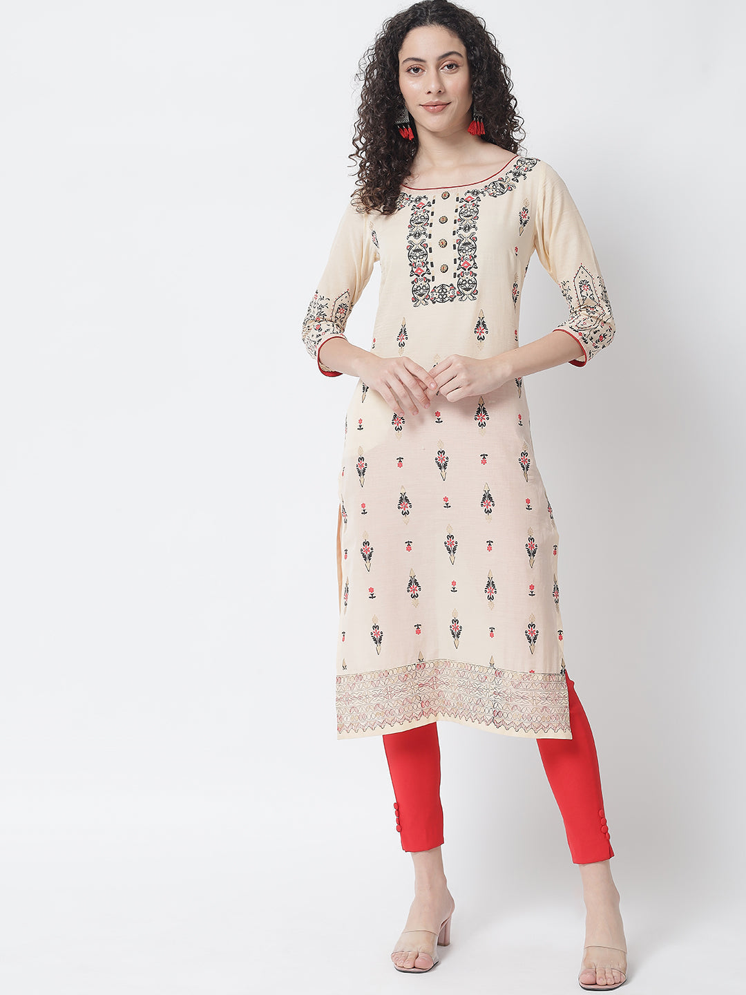 NOZ2TOZ Beige Ethnic Motifs Printed Block Print Cotton Kurta - Grab2buy