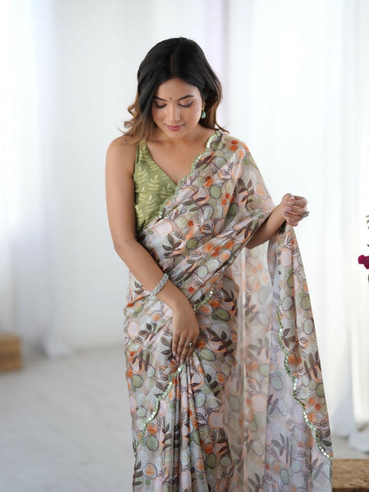 Off White Chinon Designer Digital Printed,Mirror Cut Work Saree - Manvika