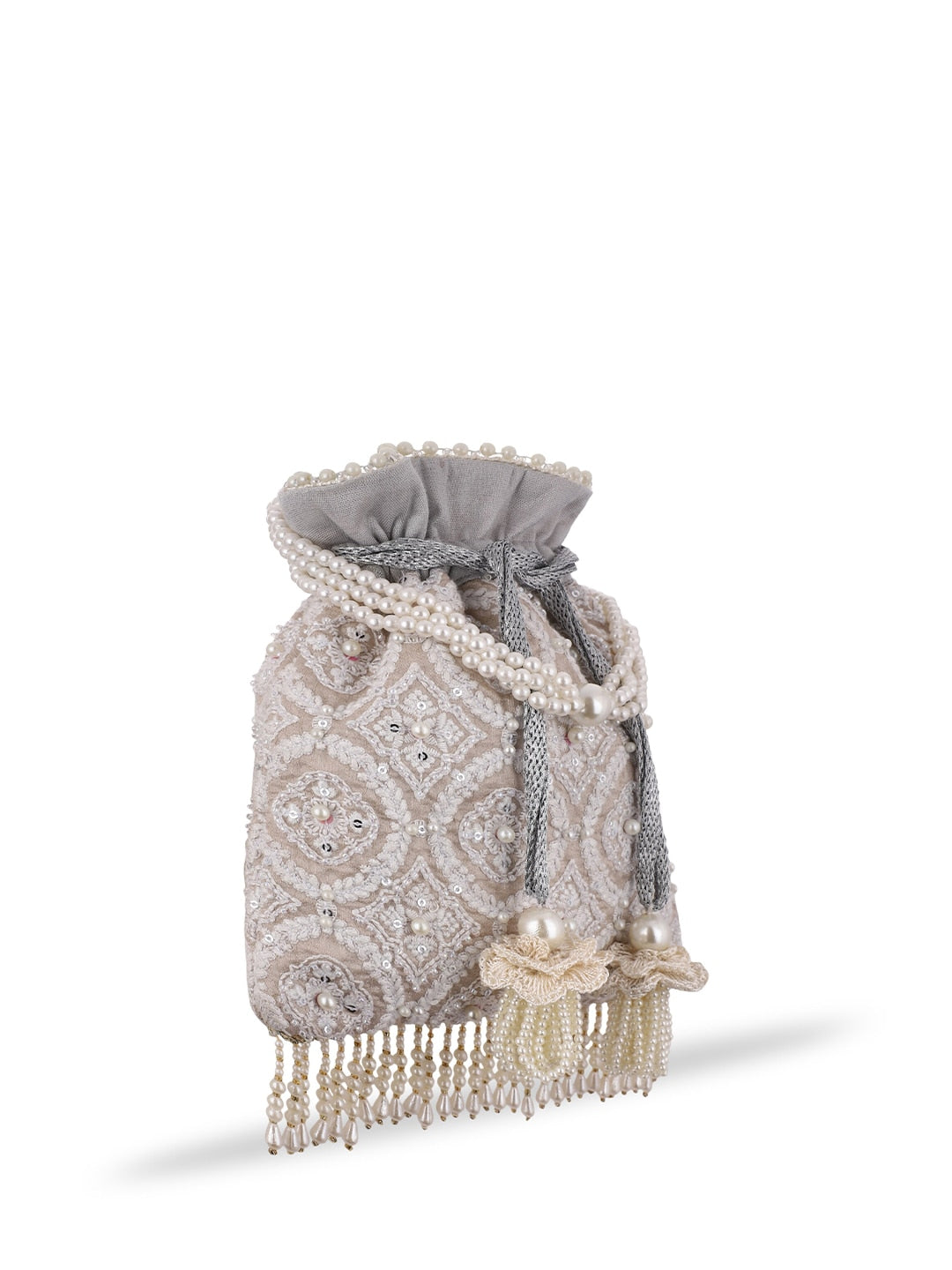 Masq Tan & White Embroidered Potli Clutch - Grab2buy