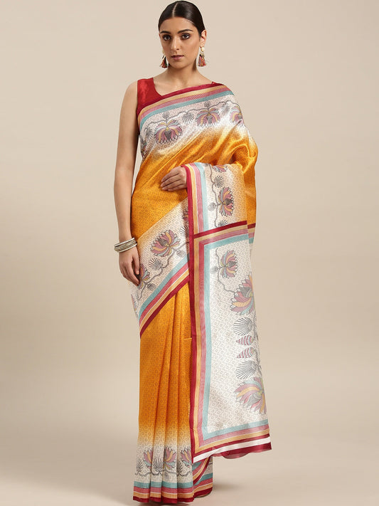 Saree Mall Mustard Yellow Printed Bhagalpuri Saree