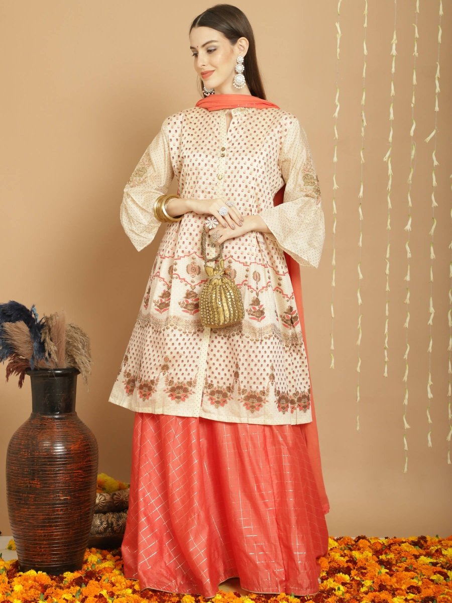 Aastha Fashion Women's Cream Chanderi Silk Elegant Jardoshi Semi Kurta with Trouser & Dupatta - Grab2buy