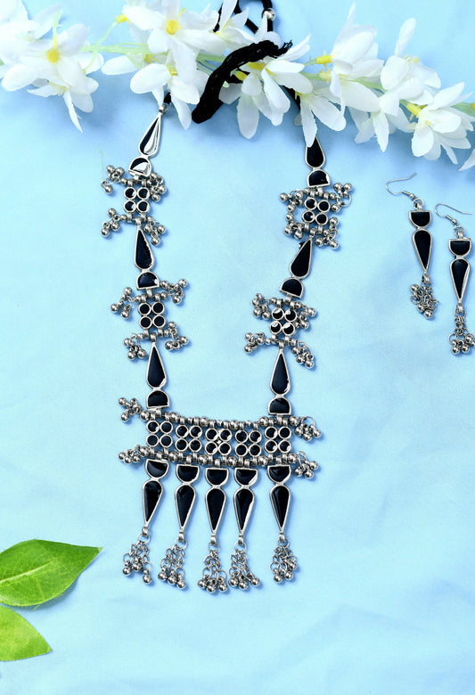 Mominos Fashion Johar Kamal Oxidised Silver-Plated Meenakari Long Necklace Set - Grab2buy