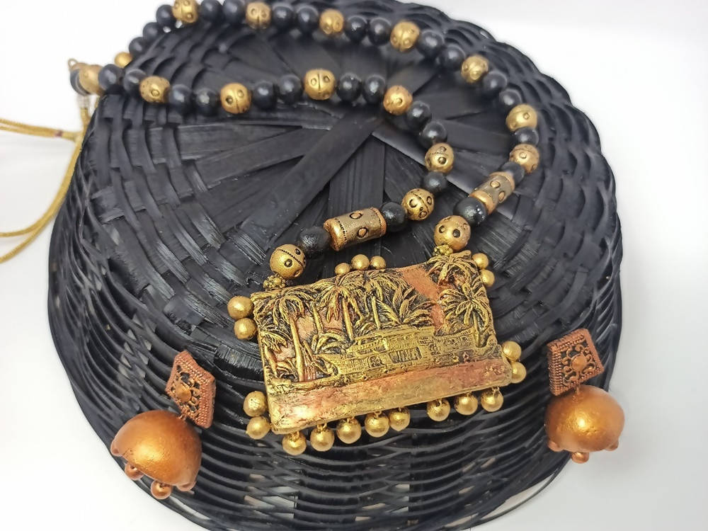 Terracotta Kerala Style Mansion Boat Pendant Long Necklace Set With Temple Earrings