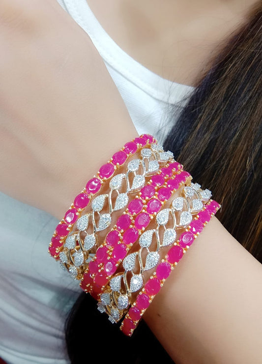 Gold-Polished Alloy American Diamond Combo Of Ruby & Silver Bangles - The Pari | Grab2Buy