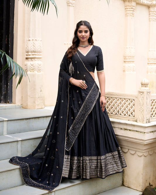 Evanik Women Pure Chanderi Plain With Zari Weaving Work Border Stitched Lehenga With Unstitched Blouse Dupatta(Up to 42)