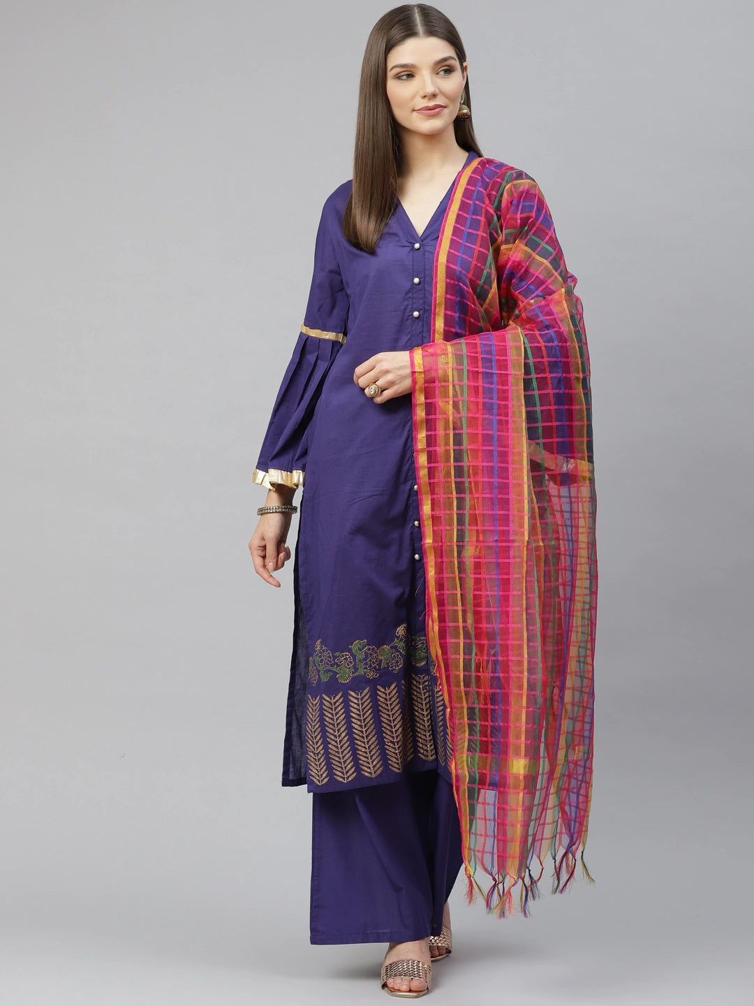 NOZ2TOZ Blue Ethnic Motifs Printed Regular Pure Cotton Kurta With Palazzos & With Dupatta - Grab2buy