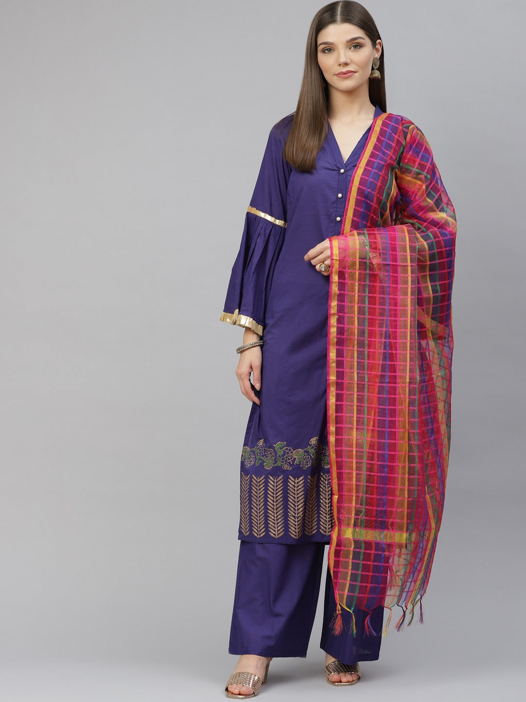 NOZ2TOZ Blue Ethnic Motifs Printed Regular Pure Cotton Kurta With Palazzos & With Dupatta - Grab2buy