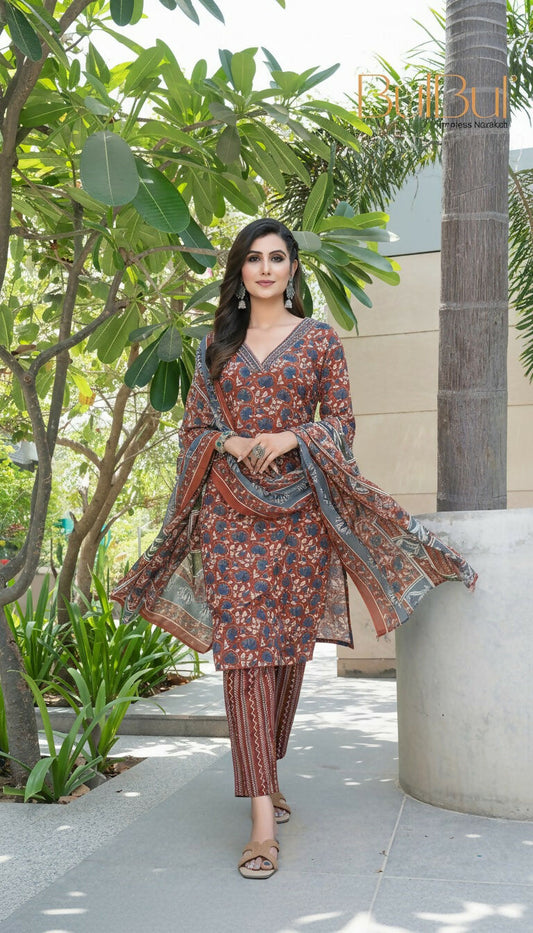 BulBul Fashionista Rust Cotton Kurta Set with Dupatta