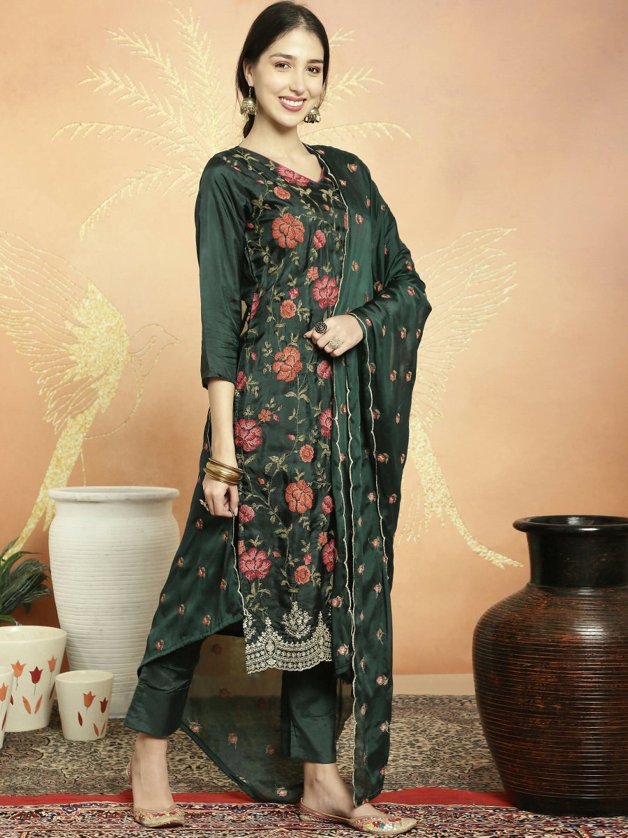 Aastha Fashion Women's Green Upada Silk Floral Resham Thread Kurta with Trouser & Dupatta - Grab2buy