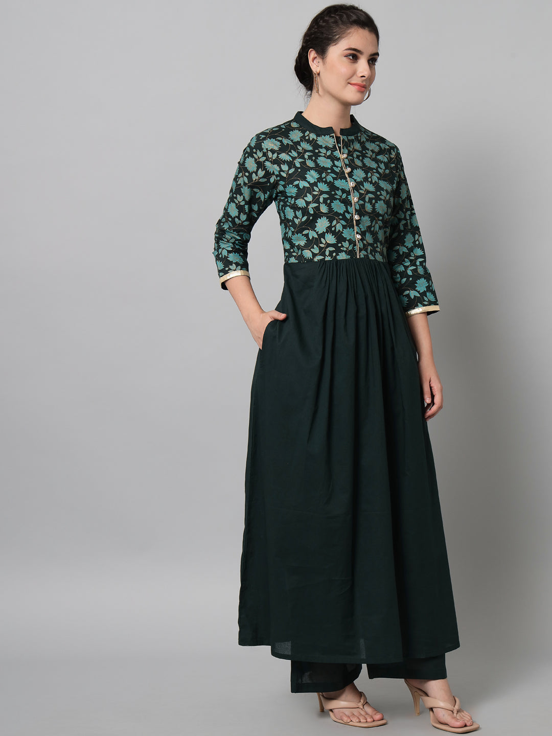 NOZ2TOZ Bottle Green Hand Block Printed Kurta Palazzo Set With Dupatta - Grab2buy