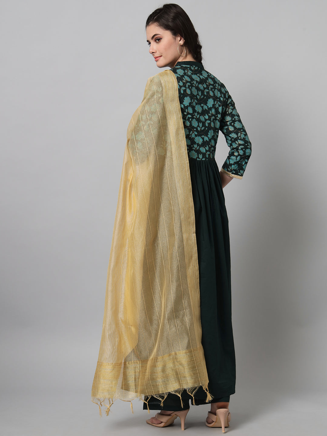 NOZ2TOZ Bottle Green Hand Block Printed Kurta Palazzo Set With Dupatta - Grab2buy
