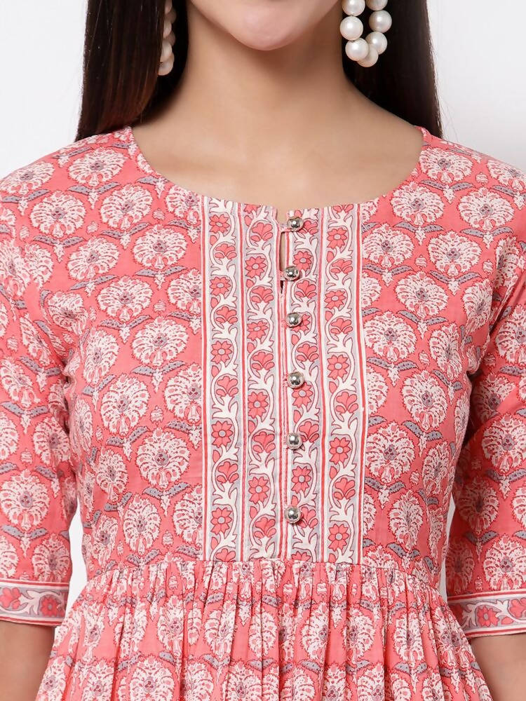 Myshka Women's Pink Printed 3/4 Sleeve Cotton Round Neck Dress