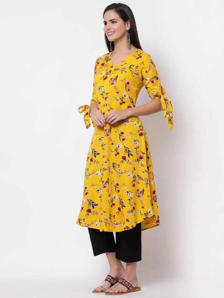 Myshka Women's Crepe Printed Half Sleeve V - Neck Casual Yellow Kurta