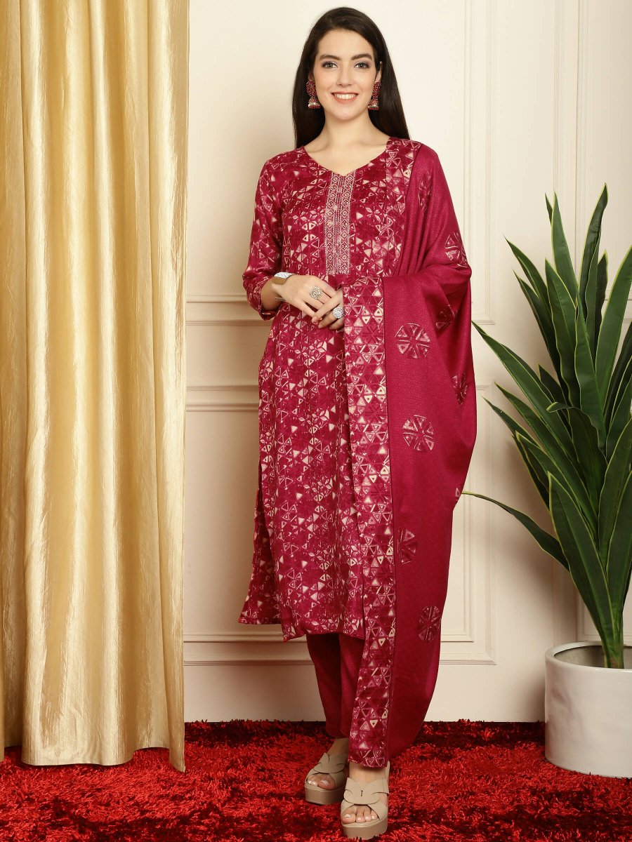 Aastha Fashion Women's Red Pashmina Floral Digital Printed Kurta with Trouser & Dupatta - Grab2buy