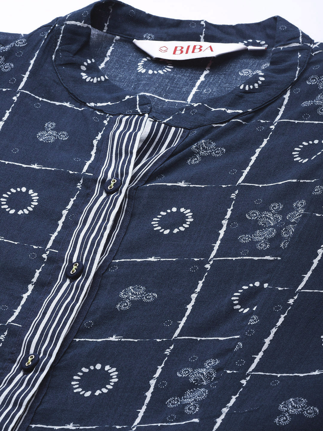 Biba Women Navy Blue & White Ethnic Motifs Printed Kurta with Inner - Grab2buy