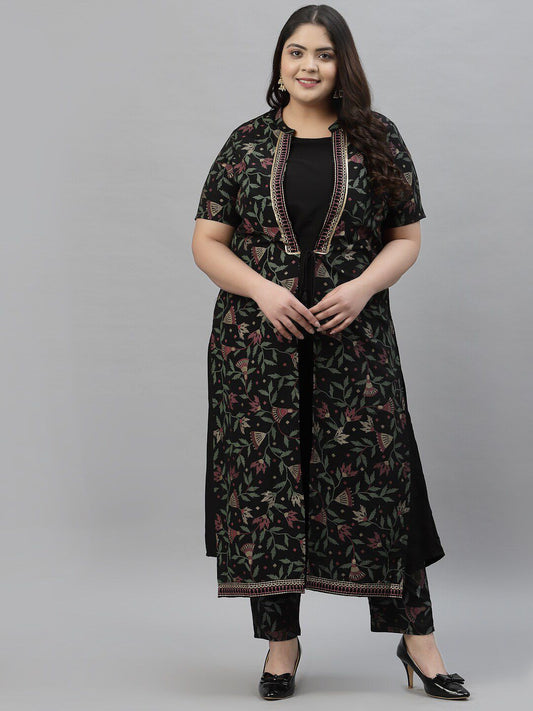 Sztori Plus Size Floral Printed Mandarin Collar Foil Printed A-Line Kurta With Trouser