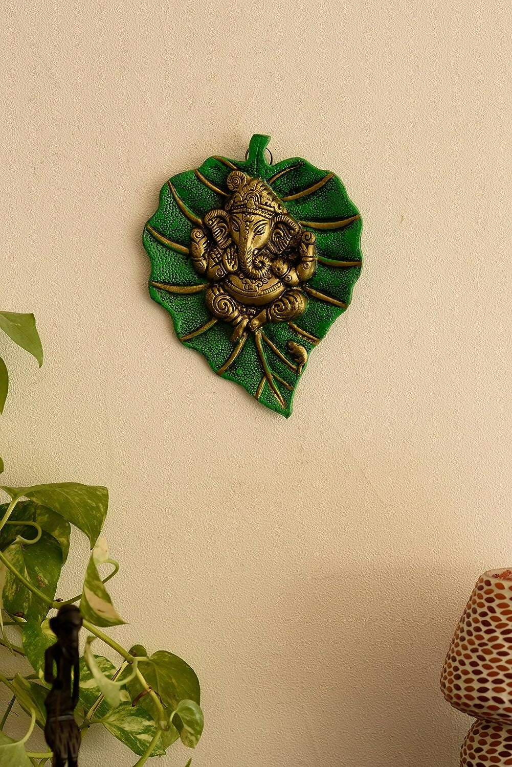 eCraftIndia Metal Golden Lord Ganesha On Green Leaf Wall Hanging Sculpture - Grab2buy
