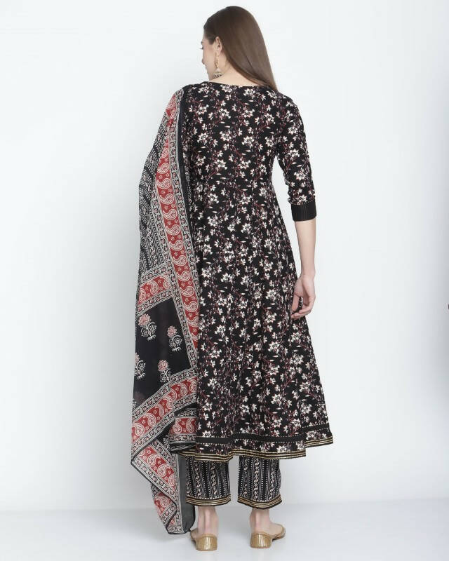 Aastha Fashion Women's Black Cotton Jaipuri Printed Kurta with Trouser & Dupatta - Grab2buy