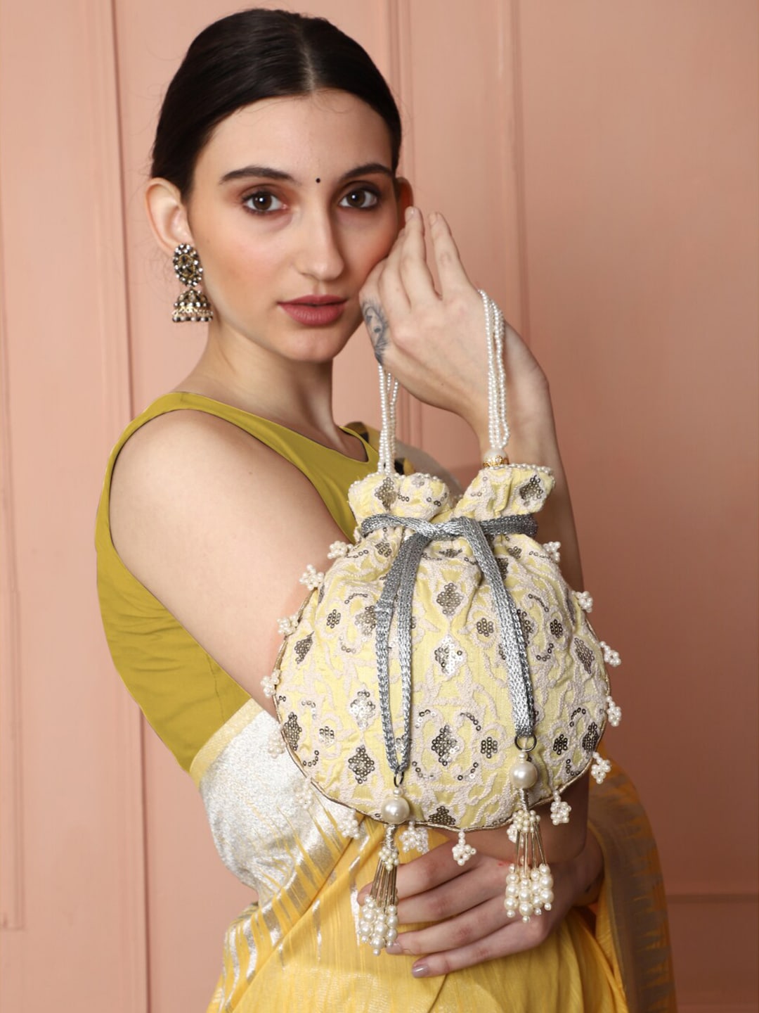 Masq Women Yellow & Grey Embellished Embroidered Potli Clutch - Grab2buy