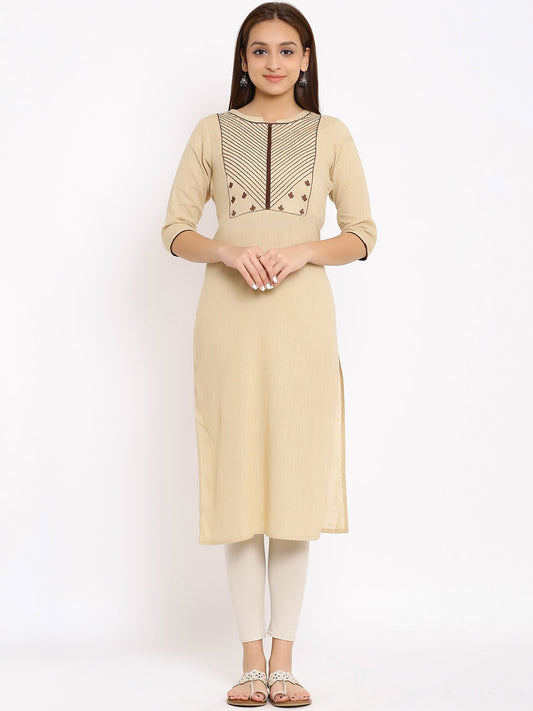 HERE&NOW Beige Geometric Yoke Design Thread Work Kurta