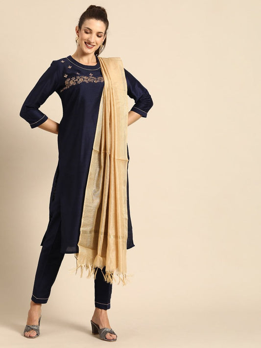 All About You Women Navy Blue Floral Thread Work Kurta with Trousers & With Dupatta