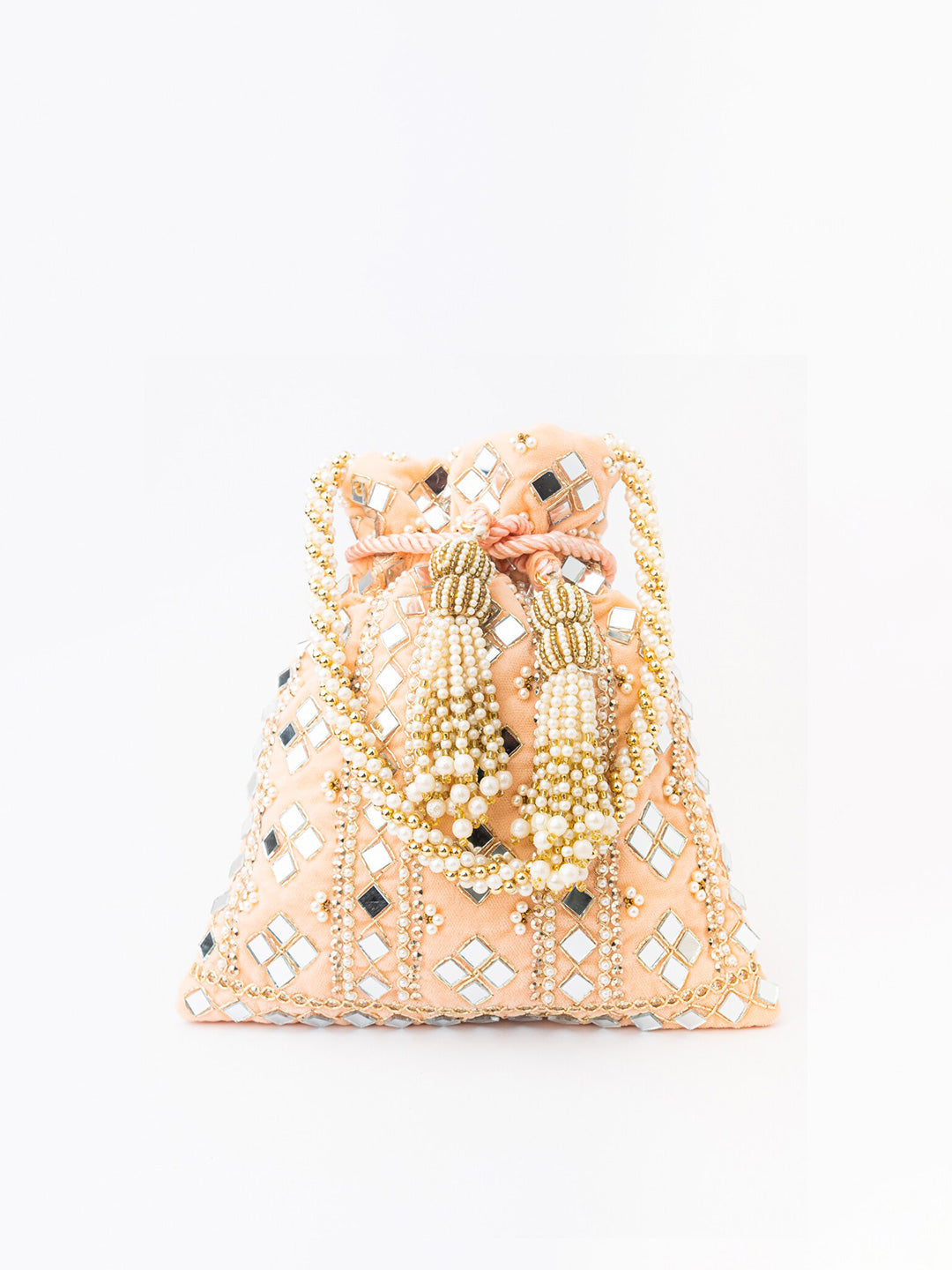 NR By Nidhi Rathi Peach-Coloured & White Embroidered Potli Clutch - Grab2buy