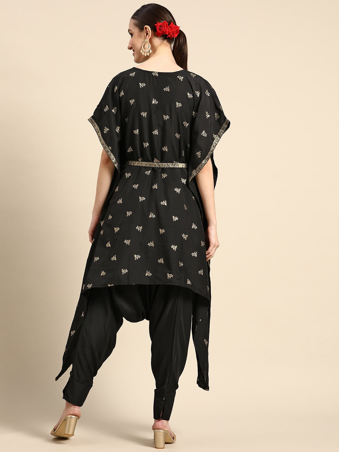 Sangria Women Black & Golden Ethnic Motifs Printed Kurta with Harem Pants - Grab2buy