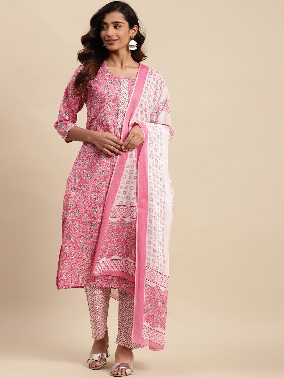 Sangria Floral Printed Gotta Patti Pure-Cotton A-Line Kurta With Trouser & Dupatta - Grab2buy