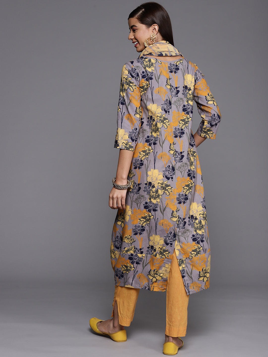 Biba Women Lavender & Mustard Yellow Floral Printed Floral Kurta - Grab2buy