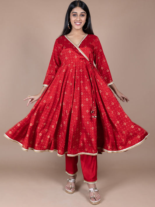 HERE&NOW Red & Beige Ethnic Motifs Printed Angrakha Gotta Patti Kurta with Trousers