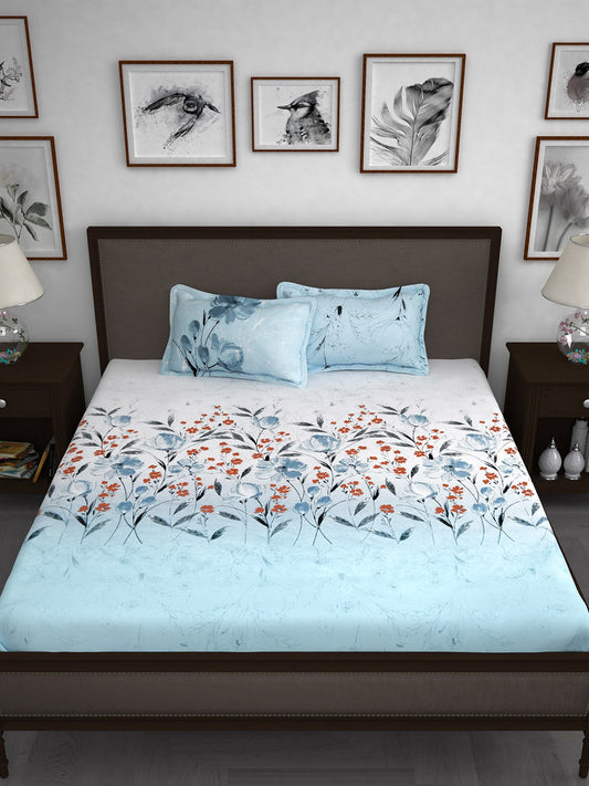 Story@home White & Blue Floral 210 TC Cotton 1 King Bedsheet with 2 Pillow Covers Grab2Buy Story@home Grab2Buy