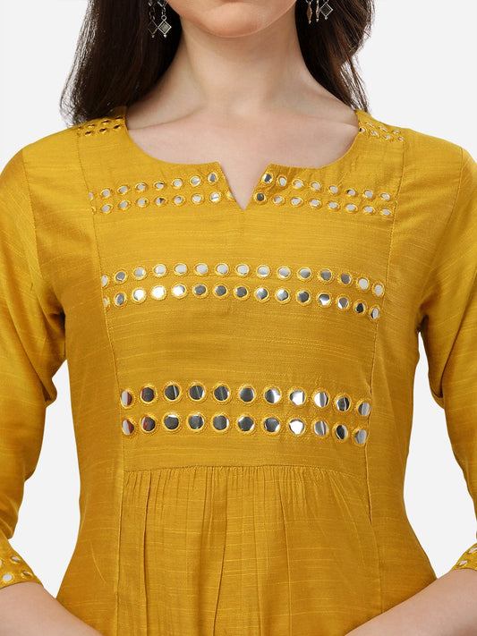 HERE&NOW Women Mustard Yellow Embroidered Panelled Mirror Work Kurta with Trousers