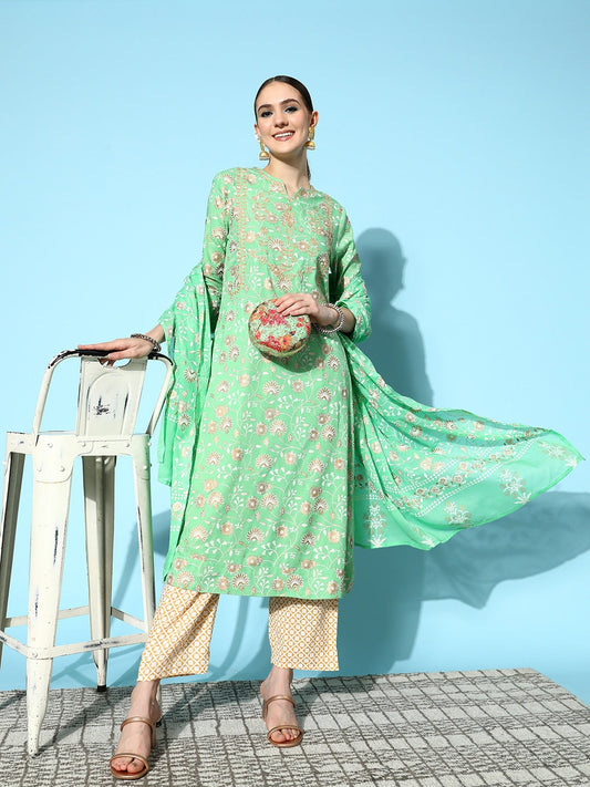 HERE&NOW Women Ethnic Motifs Printed Thread Work Kurta with Trousers & Dupatta