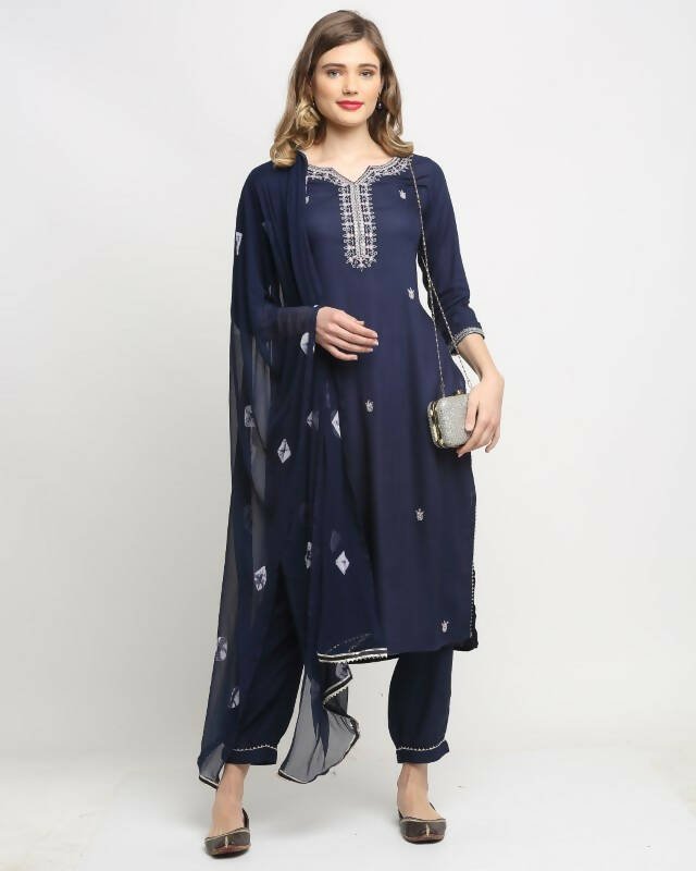 Aastha Fashion Women's Navy Blue Rayon Slub Jaipuri Printed Kurta with Trouser & Dupatta - Grab2buy