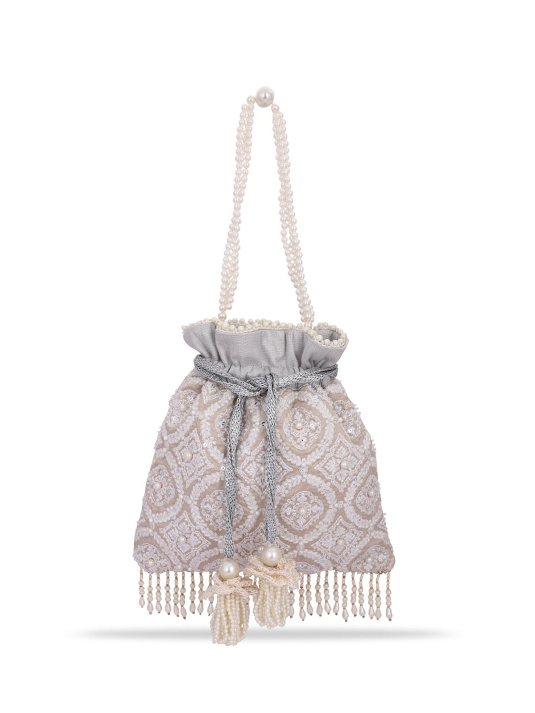 Masq Tan & White Embroidered Potli Clutch - Grab2buy