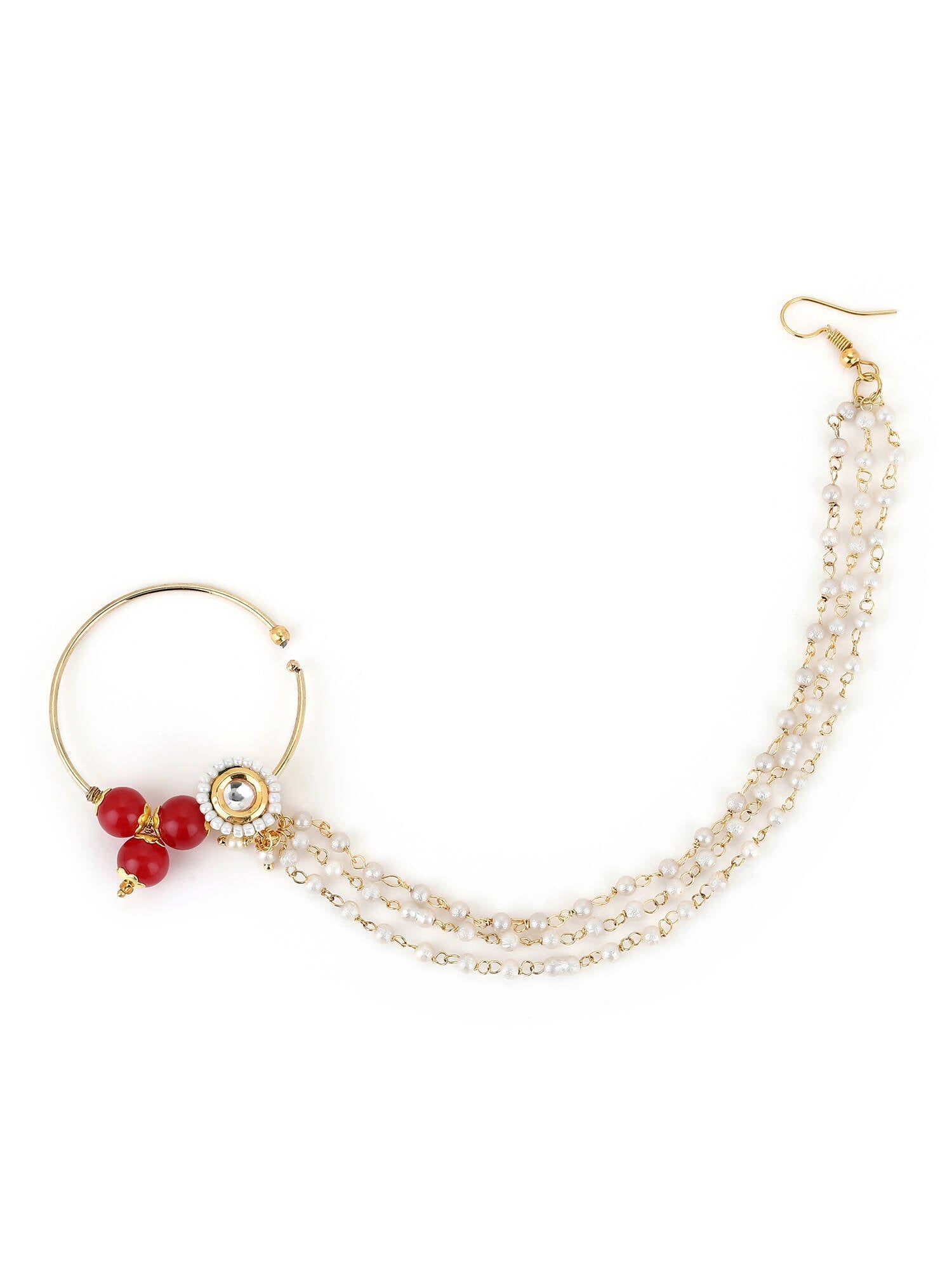 White Red Gold-Plated Kundan-Studded Beaded Nosepin - Ruby Raang - Grab2buy