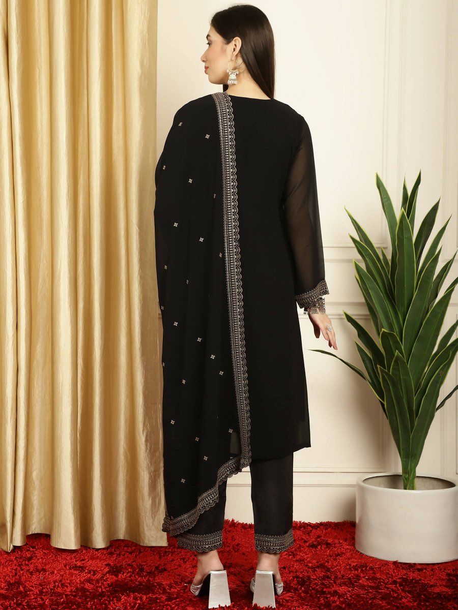 Aastha Fashion Women's Black Georgette Resham Thread & Sequin Kurta with Trouser & Dupatta - Grab2buy