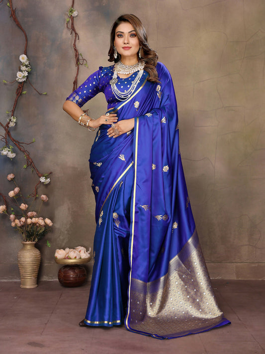 Joban Fashion Royal Blue Floral & Botanical Motifs Satin Silk Banarasi Silk Saree